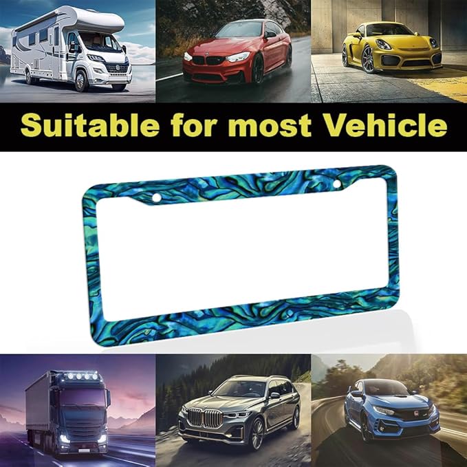 2pcs Faux Abalone License Plate Frame for Women, car Decorative tag Frames Girly, Faux Abalone License Plate Cover Holder for Vehicle with Double Sided car Keychain tag