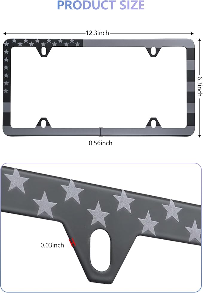 BGGTMO American Flag License Plate Frames- Black Stainless Steel Car Tag Holder Printed with USA Flag Pattern, 4 Hole 2 Pack with Screws Caps Decals for Front Rear