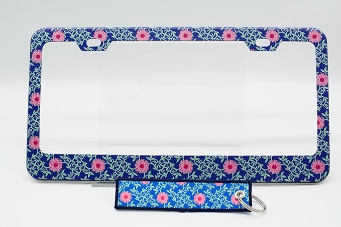 1pcs Pink Daisy Floral Blue License Plate Frame for Women, Daisies Flowers car Decorative tag Frames Girly,Green Leaves License Plate Cover Holder for Vehicle with Double Sided car Keychain tag