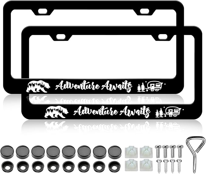 Adventure Awaits License Plate Frames - 2 Pack Mountain Bear Camping Aluminum Metal License Plate Frames Holder, Car Decorative Tag Frames with Screws Fasteners Caps