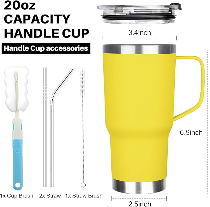 20 oz Stainless Steel Tumbler with Handle, Double Wall Vacuum Insulated Coffee Mug Tumbler with Lid and Straw, Thermal Cup for Cold and Hot (Yellow)