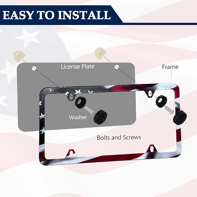 LIN KANG American Flag License Plate Frame Holder - 2 Pack Patriotic Universal Aluminum Matte Stripe US Flag Gloss Car Plate Frame Covers with 4 Holes and Screws Fasteners Caps