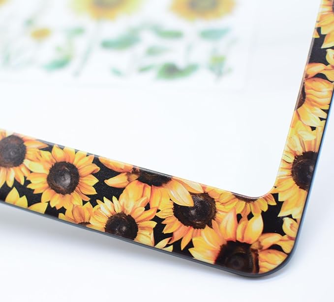 2pcs Yellow Sunflower License Plate Frame for Women, Flower Flora Car Tag Frames Girly for Vehicle with Non Adhesive Electrostatic Sticker