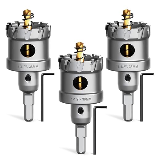 Metal Hole Saw 1-1/2" (38mm) 3Pcs Set Heavy Duty Tungsten Carbide Tipped Hole Cutters Set with L-flench, for Steel Iron,Aluminum,Stainless stell,Plastic