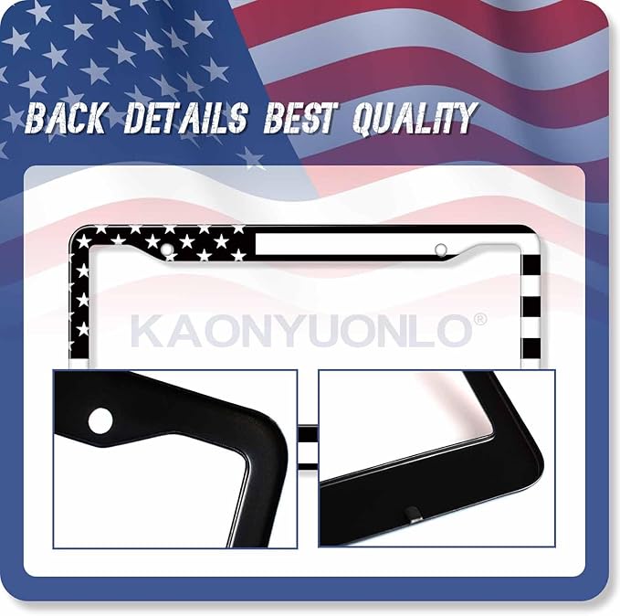 1PCS Black American Flag License Plate Frame Holder - USA Stars and Stripes Auto Universal Aluminum Matte Car Tag Holder Covers with Sticker & Screws for Men
