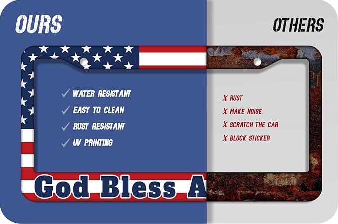 1PCS God Bless America & American Flag License Plate Frame Holder - USA Stars and Stripes Auto Universal Aluminum Matte Car Tag Holder Covers with Sticker & Screws for Men