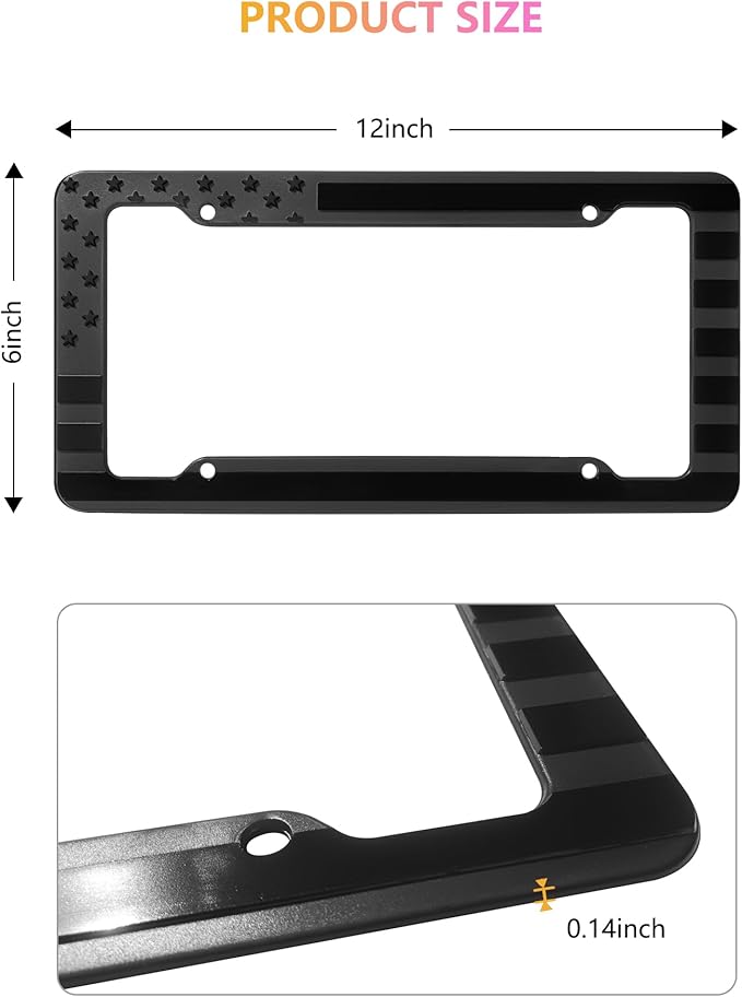 American Flag License Plate Frames - 2 Pack Black Patriotic USA Car Tag Frame, Raised 3D Stars & Stripes Plastic Holder with 3D Metal Decals