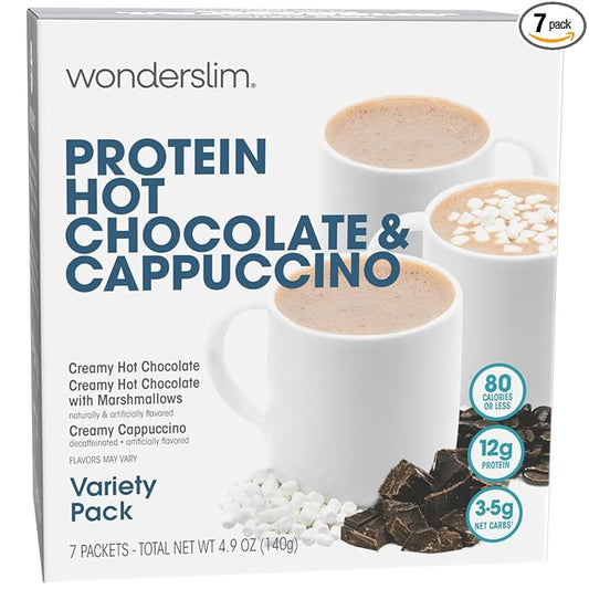 Wonderslim Protein Hot Drink, Variety Pack, Low Sugar, Low Carb, Keto Friendly & Gluten Free (7ct)
