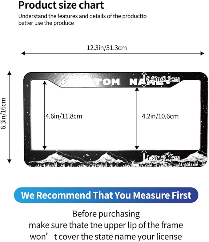 Custom License Plate Frame Adventure Mountains 2 Pack Personalized Add Text Black Custom License Plate Frame with Standard Us Canada Vehicles 12.3 X 6.3in