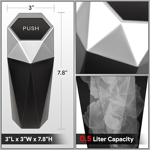 DNA MOTORING 2PCS Mini Car Auto Trash Can with Removable Lid, Leakproof Mini Garbage Bin for Automotive Home Office,Black/Silver,Set of 2,ZTL-OD-01-SL