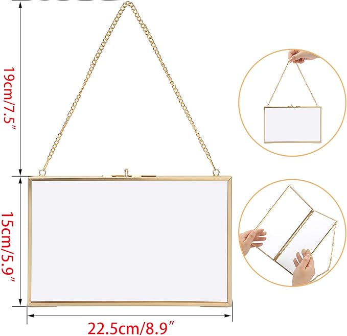 JUXYES 2 Pack Wall Hanging Business License Frame Brass Certificate Display Frames, Double Glass Floating Diploma Frames, Wall Golden Graduation Frame for 5.5x8.5 Inches Certificate Business Licenses