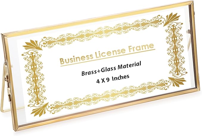 JUXYES Tabletop Business License Frame Brass License Certificate Display Frame, Double Glass Floating Diploma Frames, Desktop Golden Graduation Frames for 4x9 and 3.5x8.5 Certificate Business