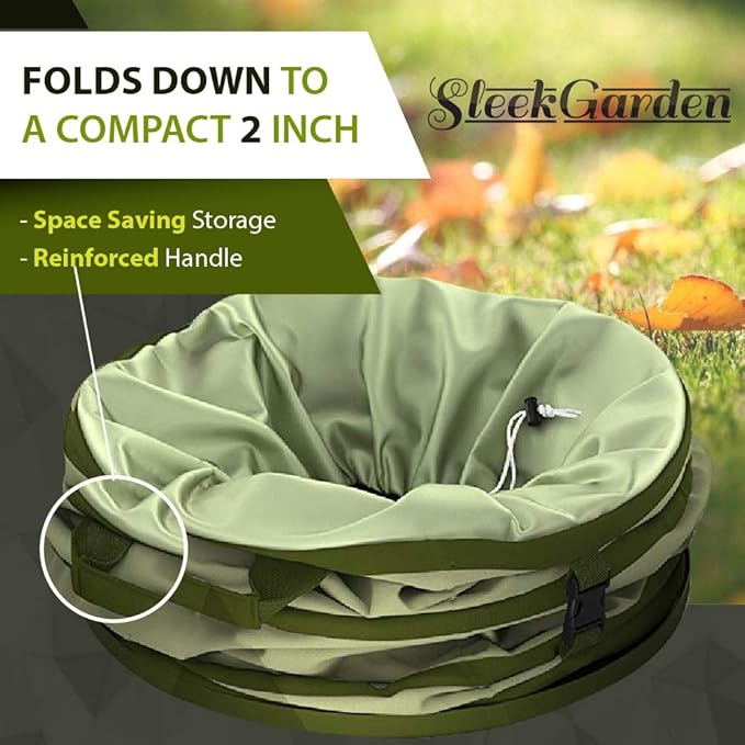 Collapsible -45 Gallon Canvas Garden Waste Bag -Pop-up Bucket Reusable Yard Leaf Bag Holder- Heavy Duty Hardshell Bottom ??with Drain Holes for Lawn Pool Garden Camping Trash Debris Bag with Handles