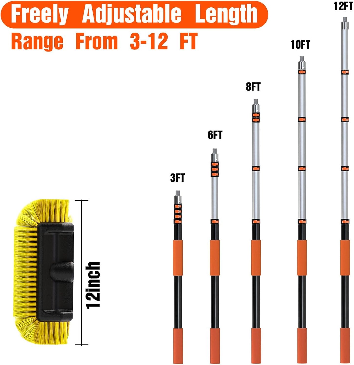 12FT Car Wash Brush with Long Handle, Car Cleaning Brush with 12 Inch Soft Bristle, Solar Panels Cleaner with Telescoping Pole for RV, Truck, Boat, House Siding