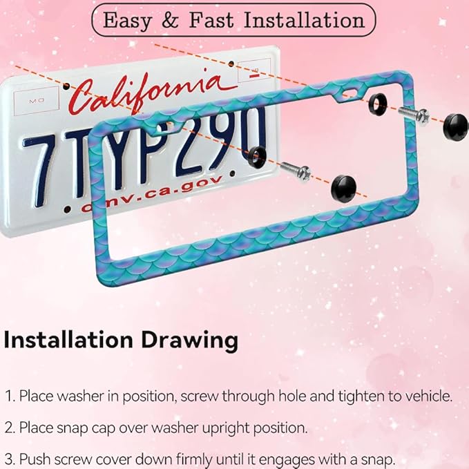 1pcs Blue Fish Scale patternt License Plate Frame for Women, Mermaid Fish Scale car Decorative tag Frames Girly, Blue Scales License Plate Cover Holder for Vehicle with Double Sided car Keychain tag