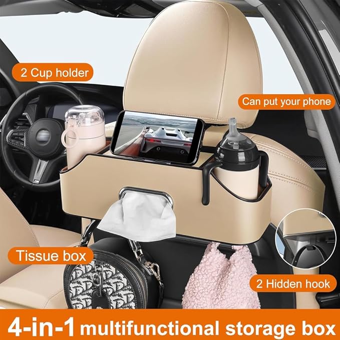 Firmstaunch Car Backseat Organizer - 2025 Best 3-in-1 Car Seat Organizer with Cup Holders, Tissue Box & Hooks | Waterproof Leather Backseat Storage for Family, SUV & Road Trip Essentials (Beige)