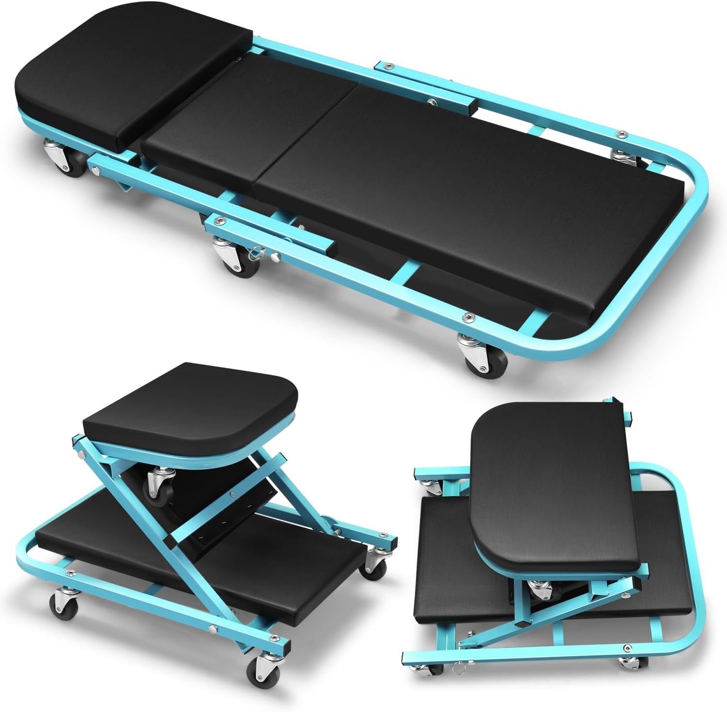 DNA MOTORING 40 Inches Folding 2 in 1 Rolling Z Creeper, Adjustable Roller Garage Chair Lay Down or Sit, 6 Pcs 2" Casters, 150kg Weight Capacity, Tiffany Blue, TOOLS-00187-TB