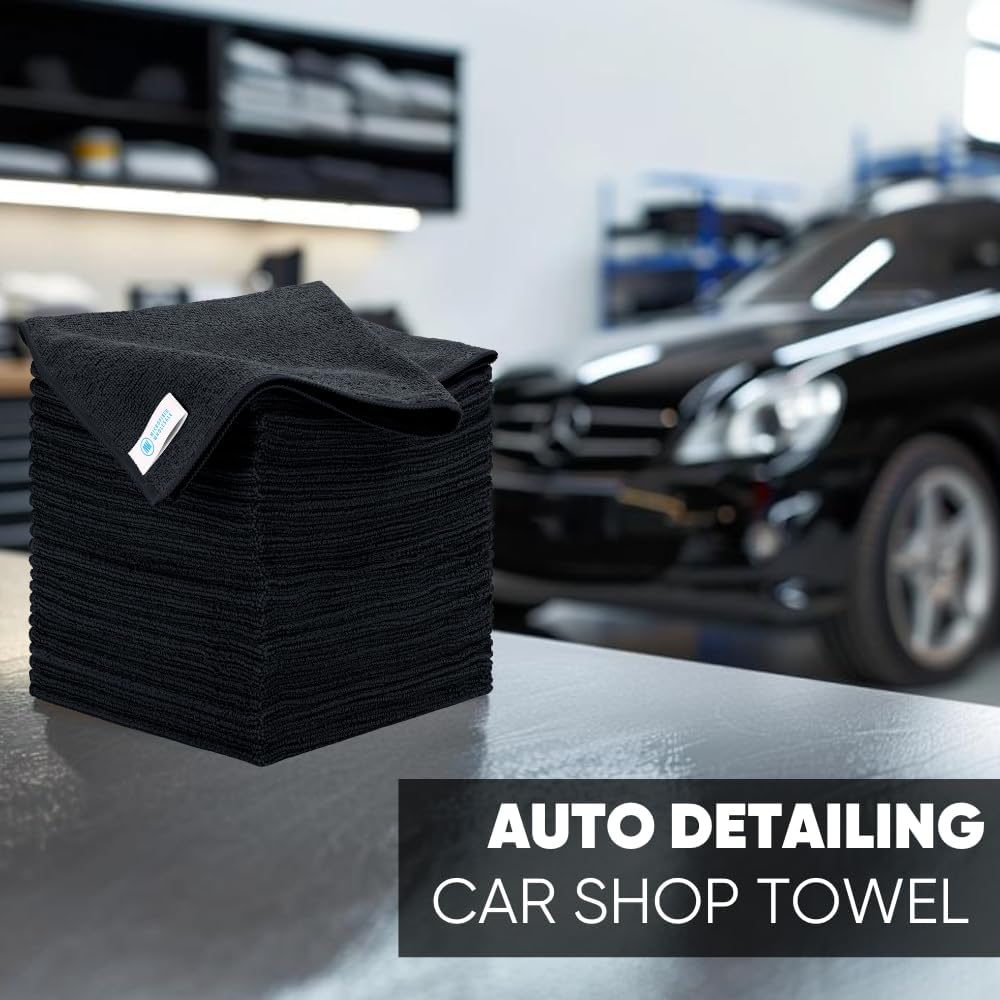 Bulk 16" x 16" All Purpose Microfiber Towels Wholesale - Case Quantity (200 Count) | Large | No Fraying | High Density Microfiber | Zero Chemical Cleaner | Long-Lasting (Black)