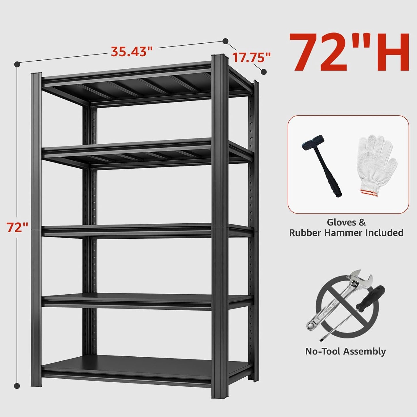 72" H Metal Garage Storage Shelves, 5 Tier Adjustable Shelving Unit for Warehouse, Office, Kitchen, Pantry, Living Room, Laundry Room, 35.43" W x 15.75" D, Load 2500 LBS, Black