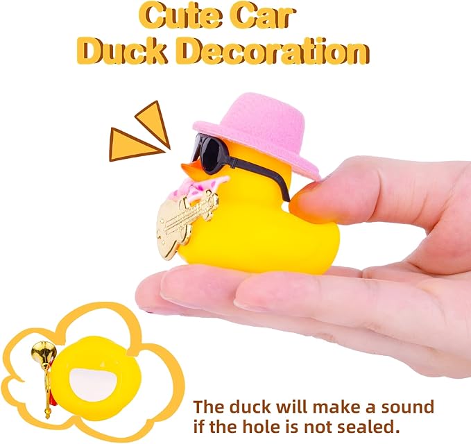 Car Rubber Duck Ornaments Yellow Duck Car Dashboard Decorations with Mini Top Hat Guitar Sunglasses Necklace(G5)