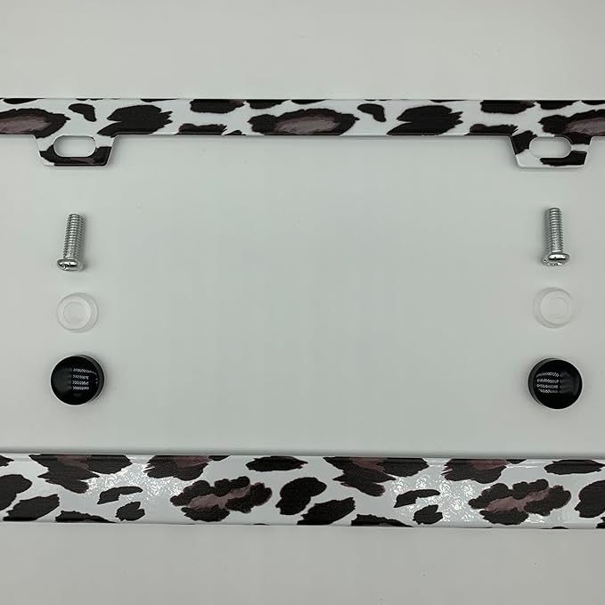 Watercolor Snow Leopard Pattern License Plate Frame Cover, Matte White Powder Coated Stainless Steel, Animal Print Auto Car Tag Frame with 2 Holes & Free Screws