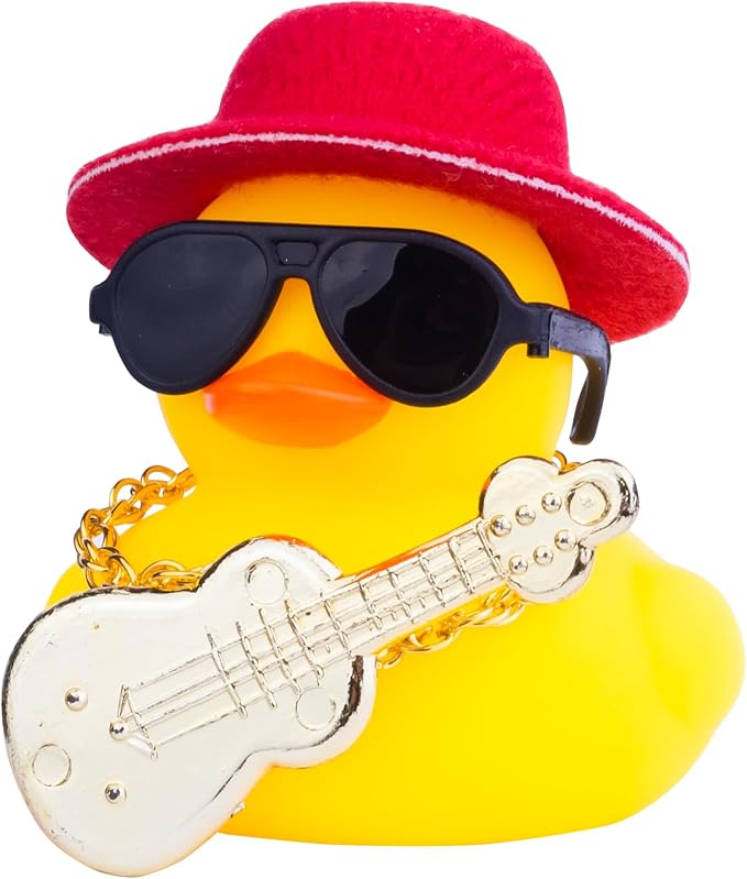 Car Rubber Duck Ornaments Yellow Duck Car Dashboard Decorations with Mini Top Hat Guitar Sunglasses Necklace(G4)