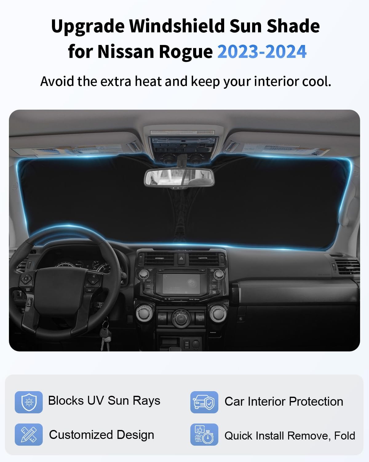 for Nissan Rogue Windshield Sun Shade Sunshade Custom Fit Rogue Accessories 2023-2024 2025 (Not for Rogue Sport) 2-Layer Windshield Cover Front Window Sun Visor 240T Shield Protector Block UV Ray