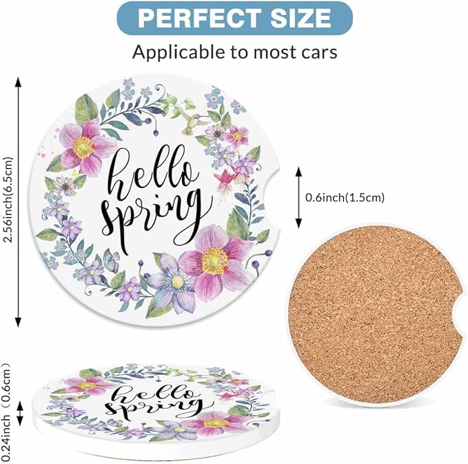 Hello Spring 2 Pack Car Cup Holder Coaster Anti Slip Insert Absorbent Ceramic Car Coaster with Cork Base and Finger Notch Cute Car Accessories Interior for Women Men