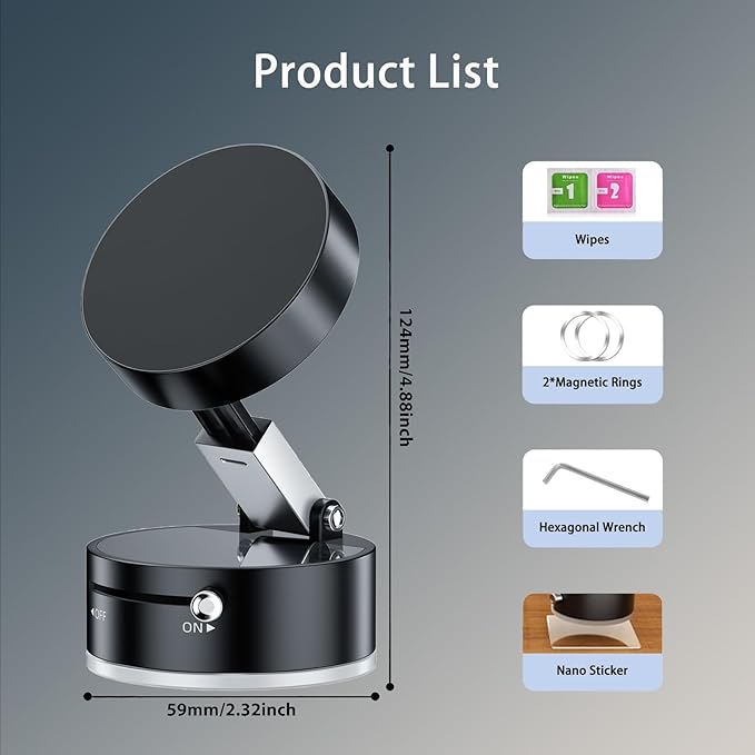 Vacuum Suction Magnetic Car Phone Holder Mount Fit All Phones,Adjustable Phone Holders for Your Car Home Office Smooth Surfaces,Metal Ring Stick Outside if Case Non-Magnetic
