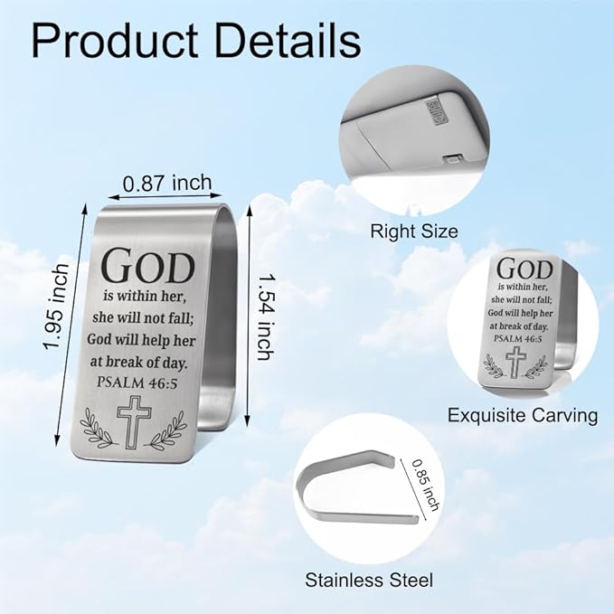XQLZY God is Within Her She Will Not Fall Engraved Stainless Steel Car Visor Clip, Religious Travel Visor Car Accessories, Funny Safe Drive Gifts for Family Friend Driver, God Prayer Faith Gifts