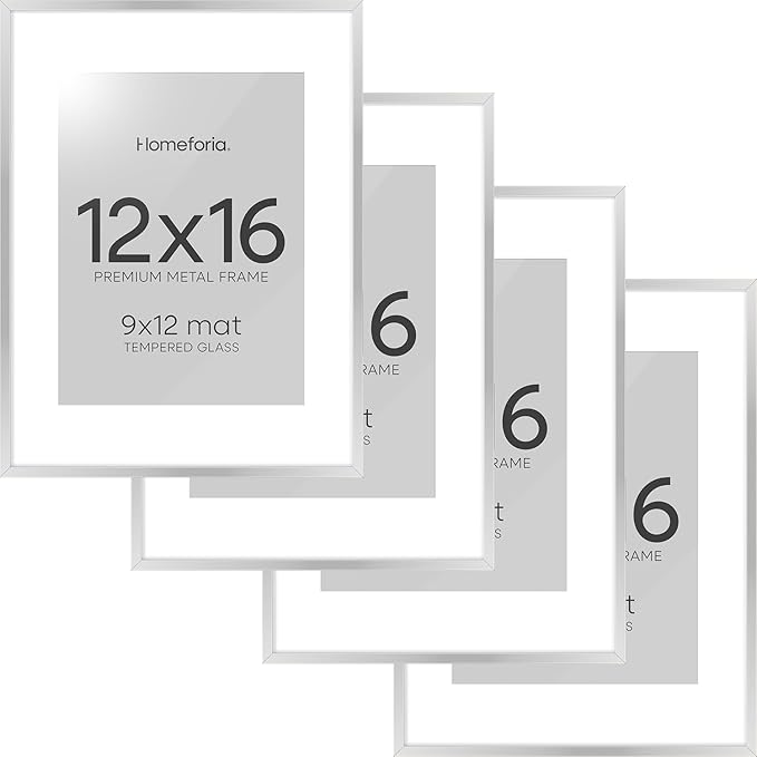 Homeforia 12 x 16 Picture Frame Silver, High End Metal 12x16 Poster Frames with Mat 9x12 Photo, 12 x 16 Silver Frame Matted to 9 x 12 in Print, 16by12 Hanging Frame, Tempered Glass, Wall Kit, Set of 4