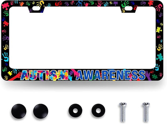 Autism Awareness License Plate Frame Colorful Handprint License Plate Stainless Steel Funny Accessory Cars Decor for Men Women 12.2 X 6.2 Inch with 2 Holes and Screws Fits Standard Us Ca Vehicles