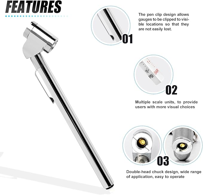 MEANLIN MEASURE 10Pcs Silver Double Straight Type Tire Pressure Gauge，Dual Head Air Pressure Gauge with 10Pcs Black Stem Caps，Pressure Range 10-120 Psi(Suitable for Trucks, etc.
