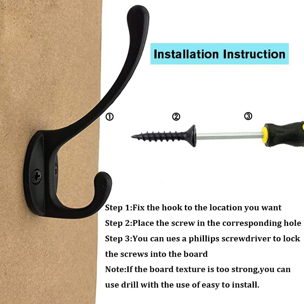 IBosins 30 Pack Heavy Duty Dual Coat Hooks Wall Mounted with 60 Screws Retro Double Hooks Utility Black Hooks for Coat, Scarf, Bag, Towel, Key, Cap, Cup, Hat