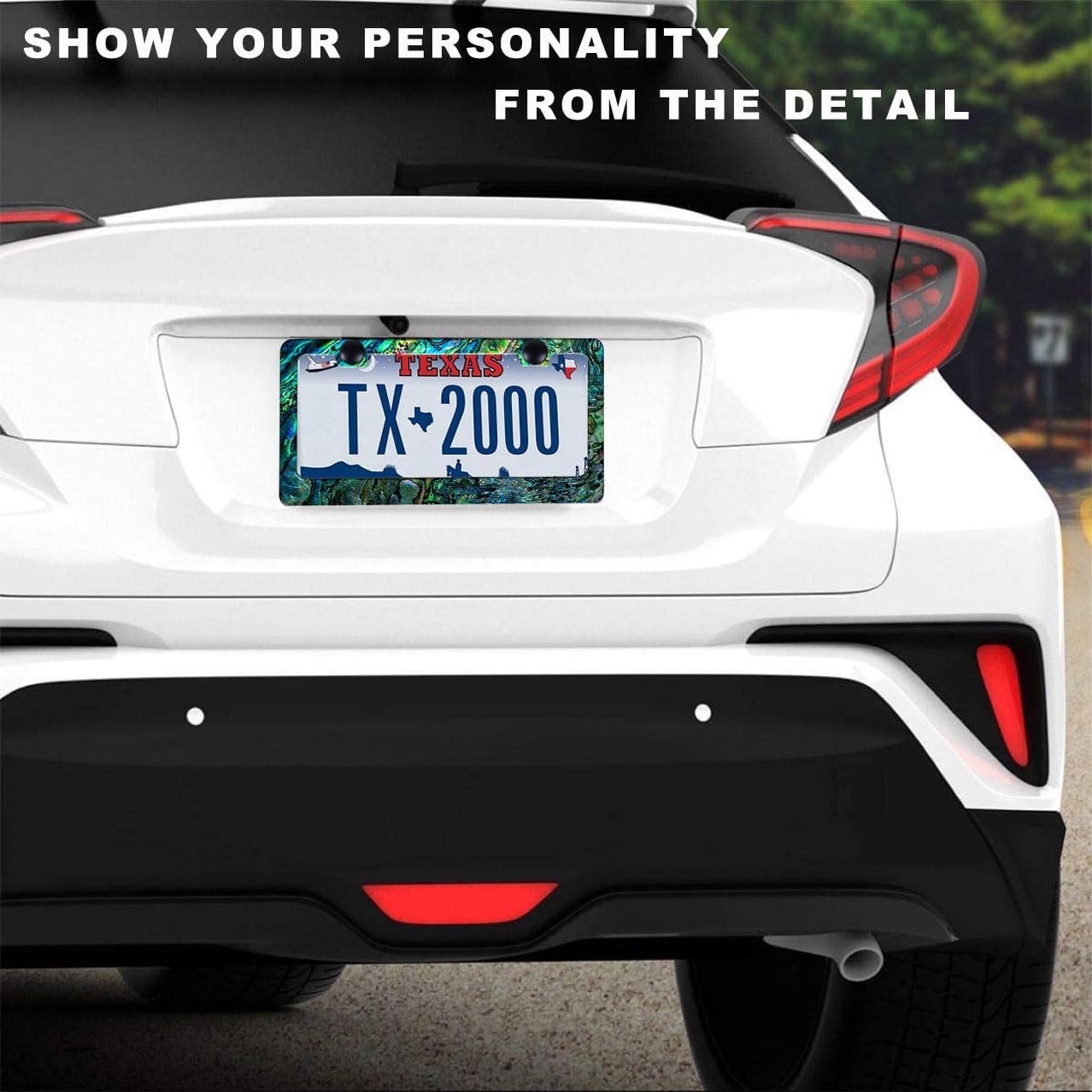 Universal License Plate Frame - Heavy Duty Rustproof Aluminum Matte Black Car Tag Holder Bracket Fits All US States, Easy Install with Screws Included (Faux Abalone-2pc)