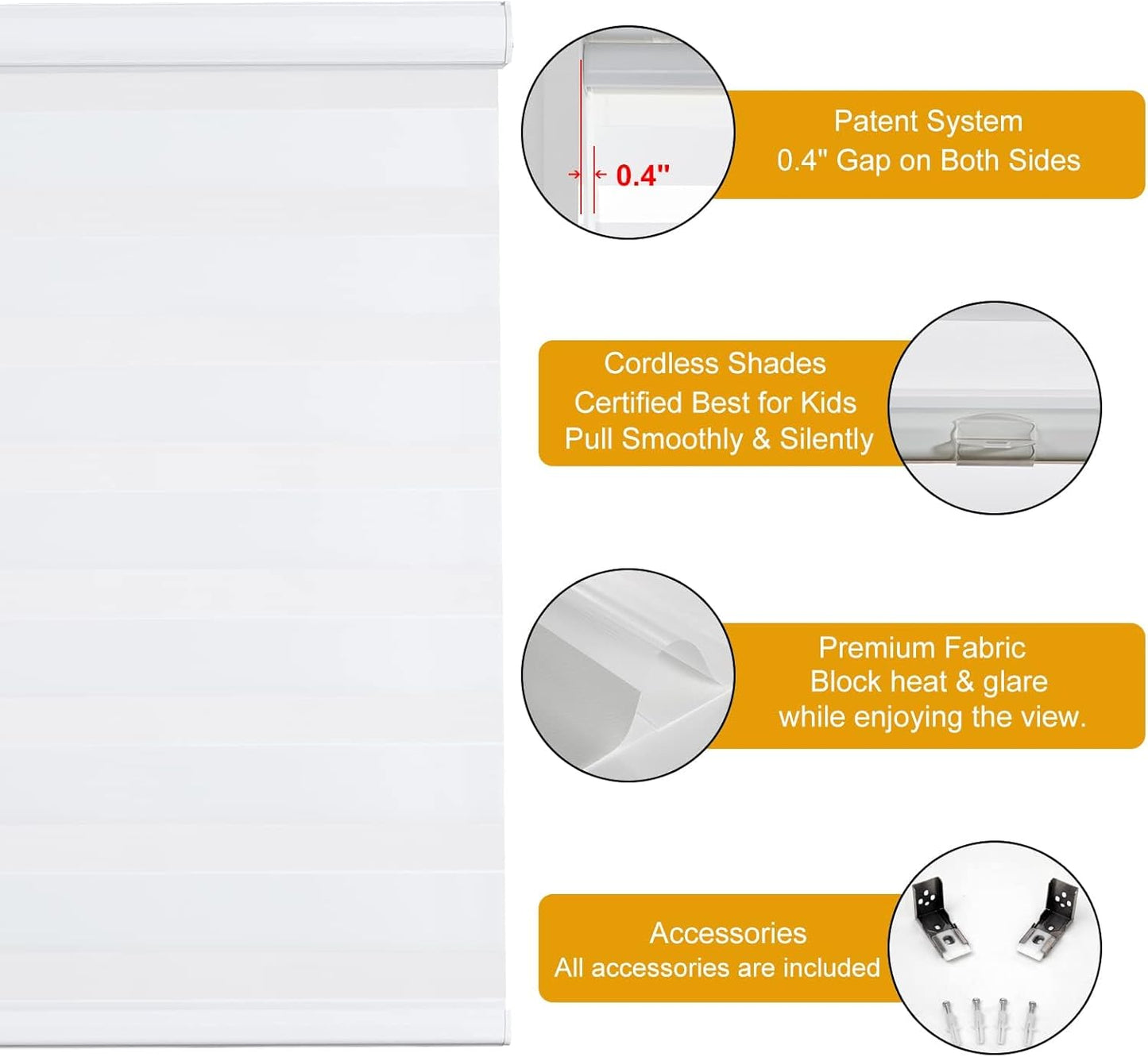 Persilux Zebra Cordless Roller Shades for Windows, Privacy Blinds (29" W x 72" H, White) for Sliding Door, Light Control for Day and Night, Home and Office
