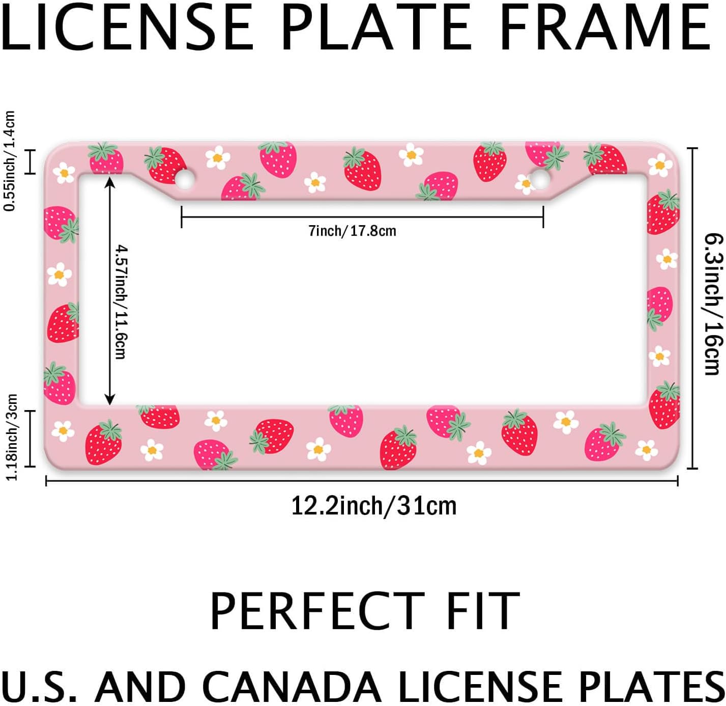 Cute Strawberry Printed License Plate Frame, Strawberry and Flowers Frames Holder Covers, Metal Aluminum Rustproof Car Accessories for Us Canada Standard Women Men 2 Holes with Screw Caps