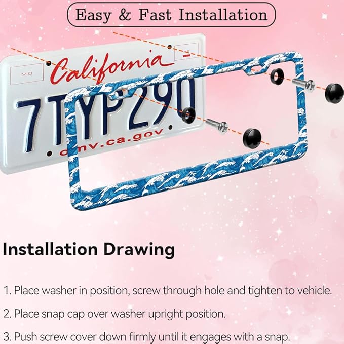 1pcs Blue Ocean Wave License Plate Frame for Women, Japanese Traditional Waves Print car Decorative tag Frames Girly Cute License Plate Cover Holder for Vehicle with Double Sided car Keychain tag