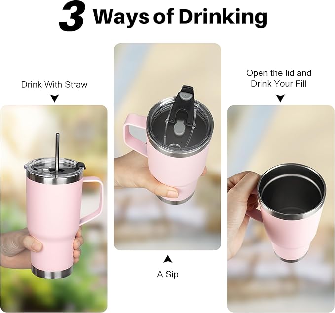 20 oz Tumbler with Handle, Stainless Steel Insulated Tumbler with Lid and Straw, Double Wall Vacuum Insulated Coffee Mug Tumbler, Insulated Coffee Thermal Cup for Cold and Hot (Pink)