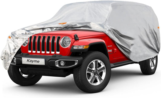 Kayme 6 Layers Car Cover Custom Fit for Jeep Wrangler 4 Dr/Unlimited 4 Door JK JL, Waterproof All Weather for Automobiles, Outdoor Full Cover Rain Sun UV Protection.Silver
