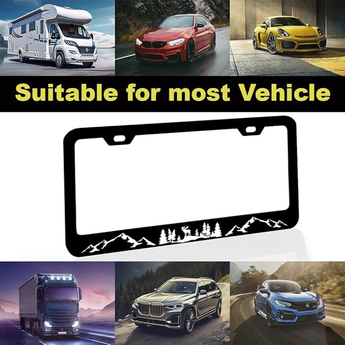 2pcs Moose Forest Mountains License Plate Frame for Women,Mountain Landscape car Decorative tag Frames Girly, Natural Forest License Plate Cover Holder for Vehicle with Double Sided car Keychain tag