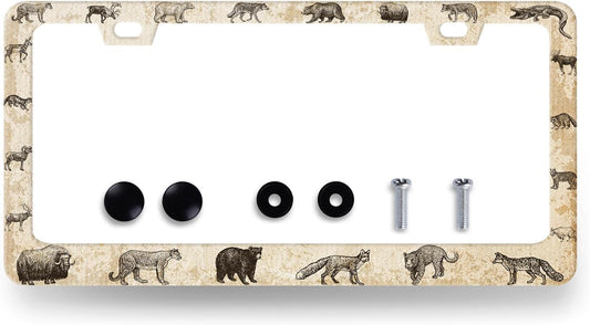 Vintage Animals License Plate Frame Animal Bear Tiger Wolf License Plate Holder Stainless Steel Funny License Plate for USA Canada 6.3" X 12.3" with 2 Holes and Screws