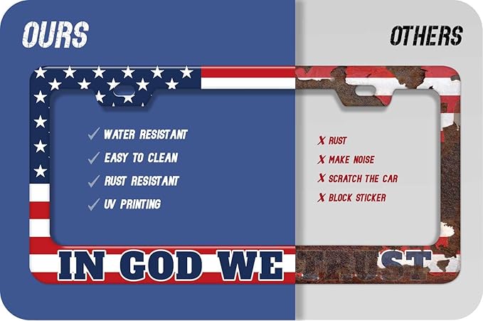 1PCS in God We Trust American Flag License Plate Frame Holder - USA Stars and Stripes Auto Universal Aluminum Matte Car Tag Holder Covers with Sticker & Screws for Men