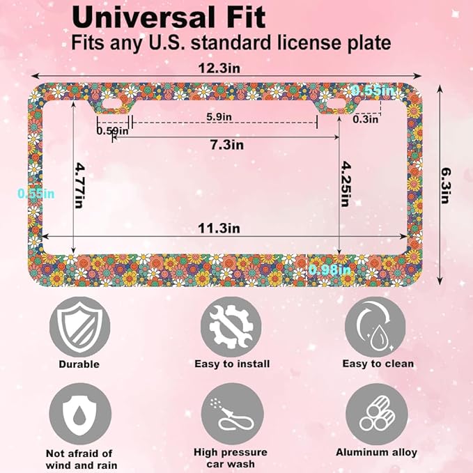 2pcs Colorful Smiling Floral License Plate Frame for Women, Funny Smile Flowers car Decorative tag Frames Girly, Funny Smiley Floral License Plate Cover Holder for Vehicle with car Keychain tag