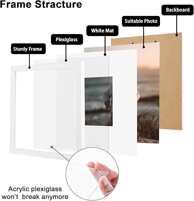 KINLINK 6x8 Picture Frame White Set of 4, Wooden Photo Frames Matted 4x6 with Plexiglass for 4x6 with Mat or 6x8 without Mat for Table and Wall Display