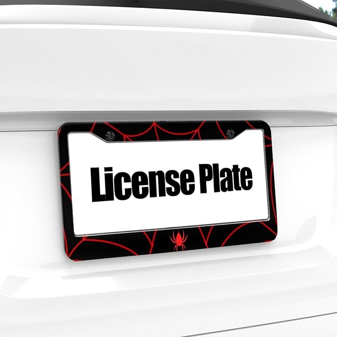 Red Spider Web License Plate Frame - 1 Pack Novelty Black Spider Web License Plate Holder Aluminum Metal Car Tag Cover with 2 Holes Customized Decorative for US Vehicle Standard for Women Men