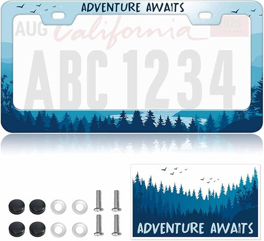 1pcs Blue Mountain Adventure AwaitsLicense Plate Frame for Women, Nature Forest Mountain River Landscape car tag Frames Girly for Vehicle with Non Adhesive Electrostatic Sticker