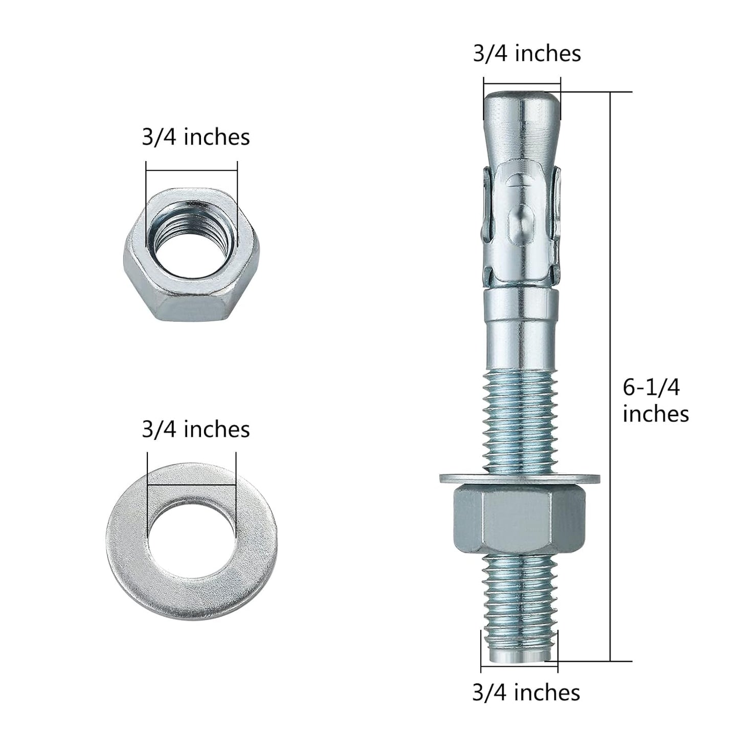 3/4x6-1/4" 10Pcs Inch Standard Fasteners for Heavy-Duty Zinc Wedge Anchors for Cement and Concrete