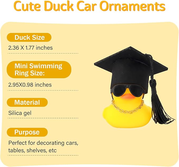 wonuu Car Dashboard Decor Graduation Hat Rubber Duck, Car Ducks Ornaments with Mini Hat Necklace Sunglasses Scarf (Black)