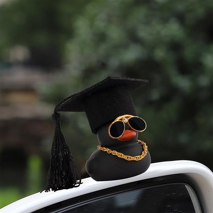 wonuu Car Dashboard Decor Graduation Hat Color Rubber Duck, Car Ducks Ornaments with Mini Graduation Hat Necklace Sunglasses (Black)
